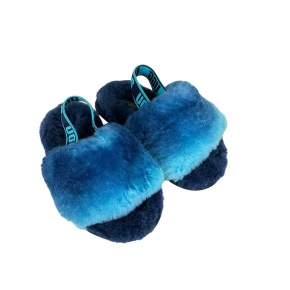 UGG Fluff Yeah Blue Ombre Plush Slipper Slides Size Toddler 8