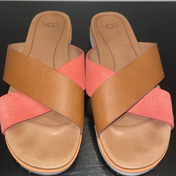 UGG Kari Sandals/Slides size 9.5 coral and brown.  Leather.