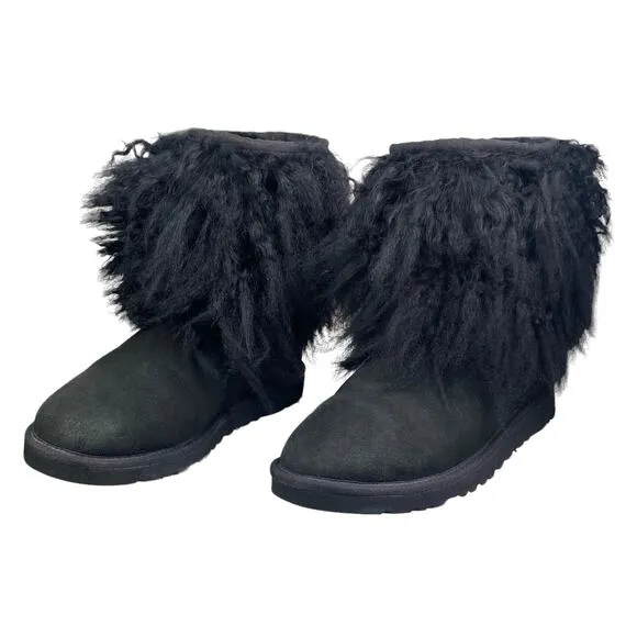 UGG Lida Mongolian Black Suede Shearling Fur Cuff Classic Boot Size US 6