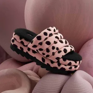 UGG Maxi Slides, pink leopard platform puff, black lambs wool, size 7 women’s