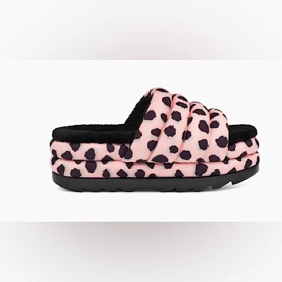 UGG Maxi Slides, pink leopard platform puff, black lambs wool, size 7 women’s