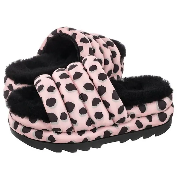 UGG Maxi Slides, pink leopard platform puff, black lambs wool, size 7 women’s