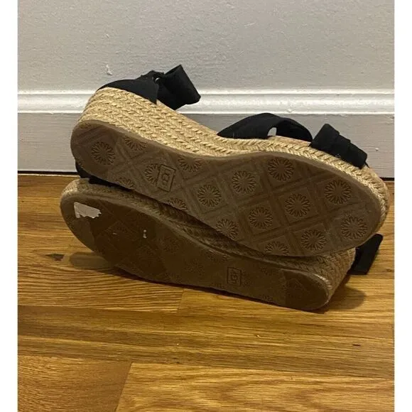 UGG Traci Espadrille Wedge Sandals Black Ribbon Bow - Size 6.5 NEW