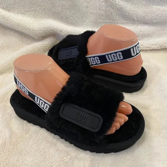 UGG UGGS Disco Slides Sandals Black &amp; White Kids Size 5 = Women's Size 6.5 NWOB