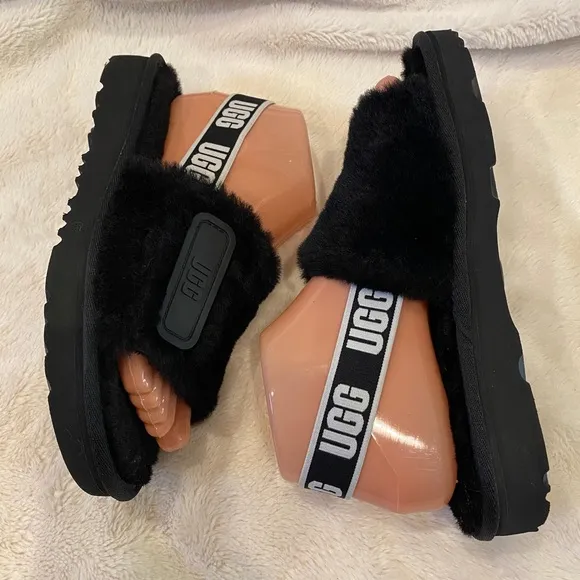 UGG UGGS Disco Slides Sandals Black &amp; White Kids Size 5 = Women's Size 6.5 NWOB