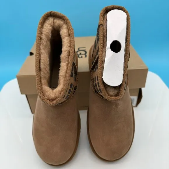 UGG Women's Classic Mini II‎ Ugg Graphic Print Sheepskin Boots, Size 7, Chestnut