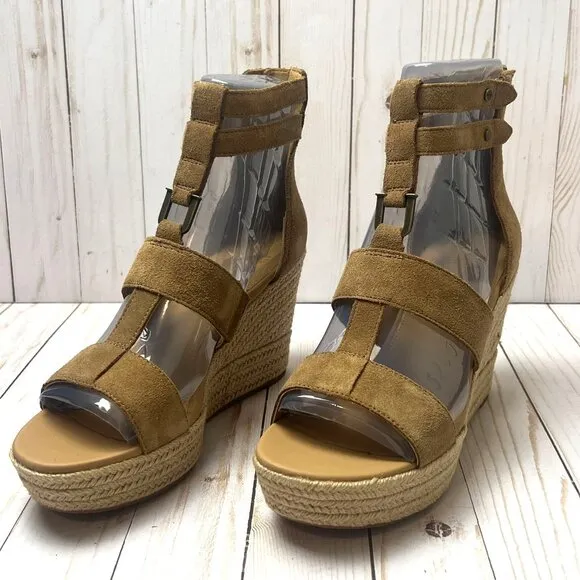 UGG Womens Kolfax Wedge Sandals Size 10 Tan Suede With Jute Platform &amp; Back Zipp