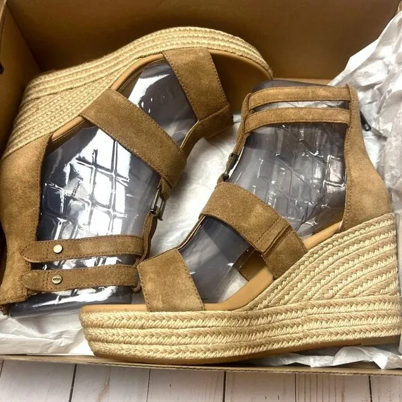 UGG Womens Kolfax Wedge Sandals Size 10 Tan Suede With Jute Platform &amp; Back Zipp