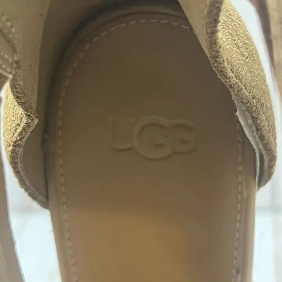 UGG Womens Kolfax Wedge Sandals Size 10 Tan Suede With Jute Platform &amp; Back Zipp