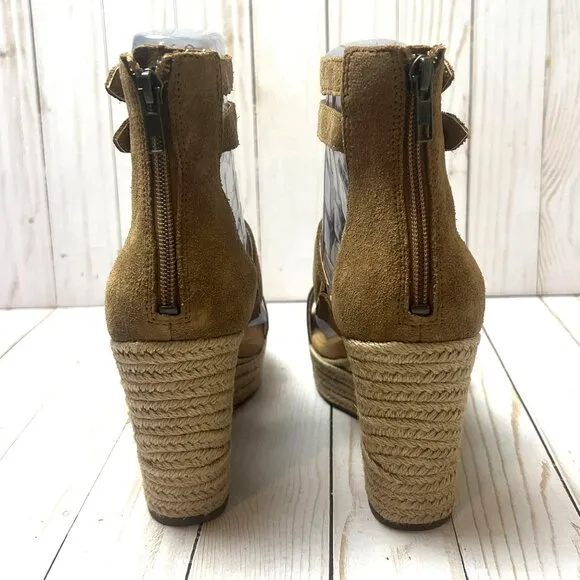 UGG Womens Kolfax Wedge Sandals Size 10 Tan Suede With Jute Platform &amp; Back Zipp