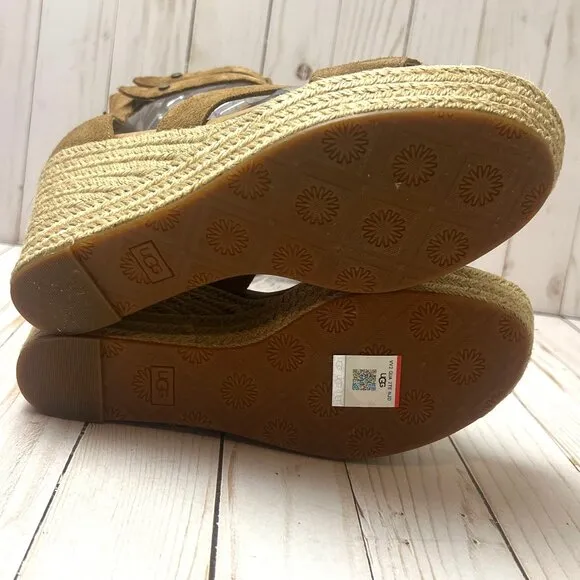 UGG Womens Kolfax Wedge Sandals Size 10 Tan Suede With Jute Platform &amp; Back Zipp