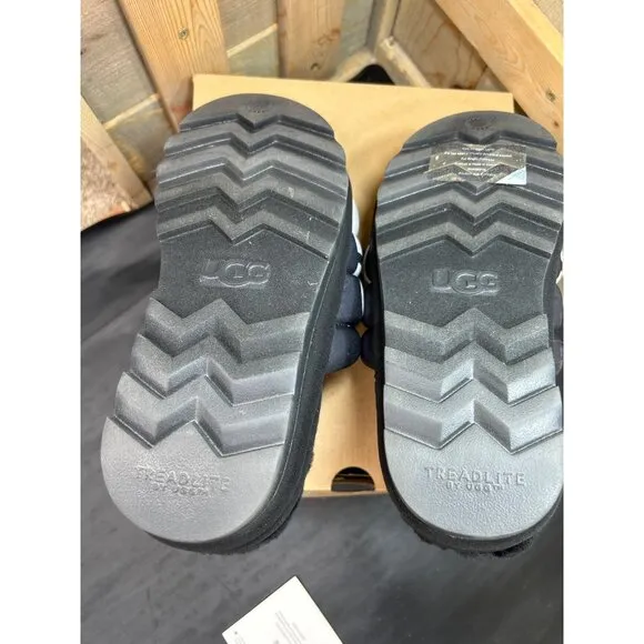 Ugg Womens Maxi Slide Logo Sandals Black &amp; White Fur Lined Size 8