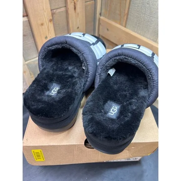 Ugg Womens Maxi Slide Logo Sandals Black &amp; White Fur Lined Size 8
