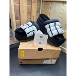 Ugg Womens Maxi Slide Logo Sandals Black &amp; White Fur Lined Size 8