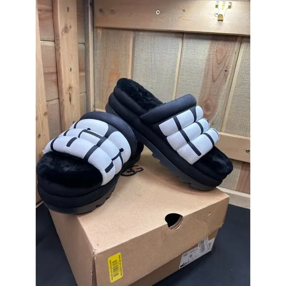 Ugg Womens Maxi Slide Logo Sandals Black &amp; White Fur Lined Size 8