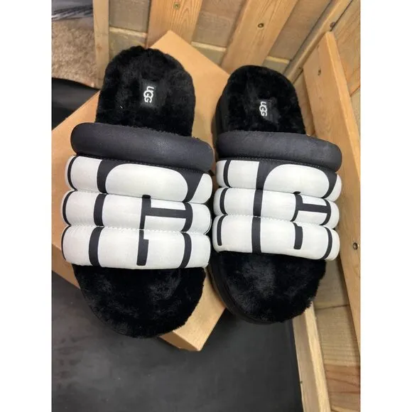 Ugg Womens Maxi Slide Logo Sandals Black &amp; White Fur Lined Size 8