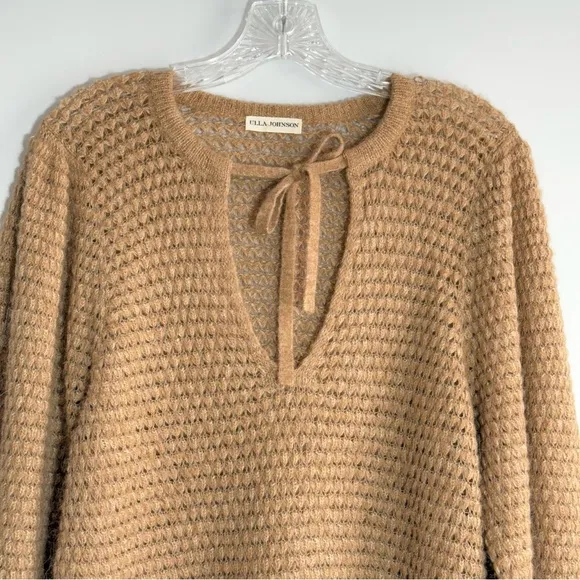 ULLA JOHNSON Lara Pullover L Alpaca Wool Open Knit Puff Balloon Sleeve Sweater