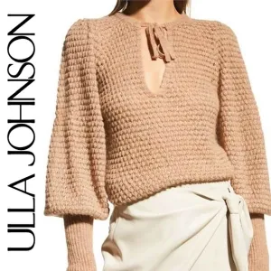 ULLA JOHNSON Lara Pullover L Alpaca Wool Open Knit Puff Balloon Sleeve Sweater