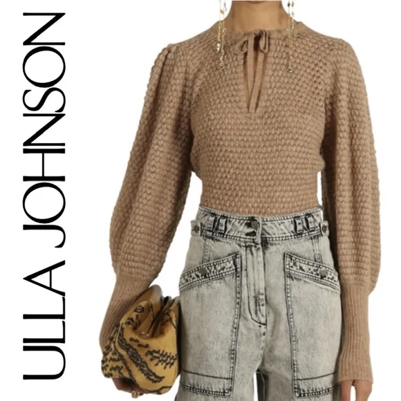 ULLA JOHNSON Lara Pullover L Alpaca Wool Open Knit Puff Balloon Sleeve Sweater
