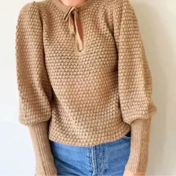 ULLA JOHNSON Lara Pullover L Alpaca Wool Open Knit Puff Balloon Sleeve Sweater