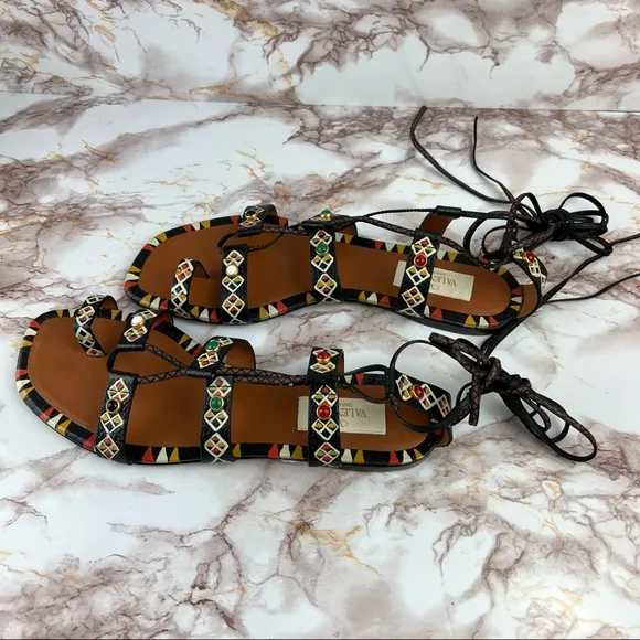 ❣️VALENTINO❣️Stone Embellished Lace Up Ankle Wrap Sandals Size 7 / Size EU 37