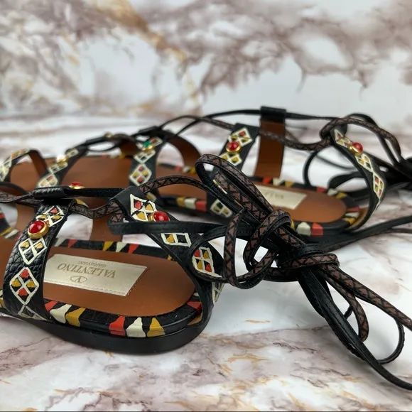 ❣️VALENTINO❣️Stone Embellished Lace Up Ankle Wrap Sandals Size 7 / Size EU 37