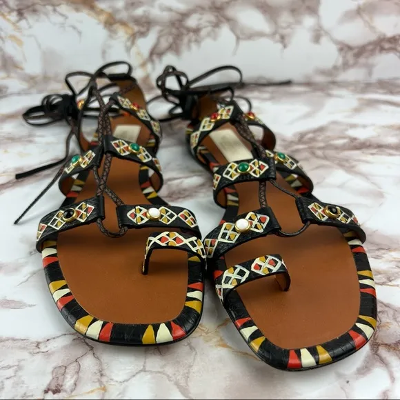 ❣️VALENTINO❣️Stone Embellished Lace Up Ankle Wrap Sandals Size 7 / Size EU 37