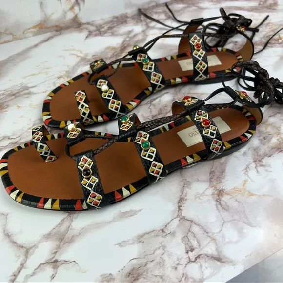 ❣️VALENTINO❣️Stone Embellished Lace Up Ankle Wrap Sandals Size 7 / Size EU 37