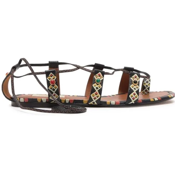 ❣️VALENTINO❣️Stone Embellished Lace Up Ankle Wrap Sandals Size 7 / Size EU 37