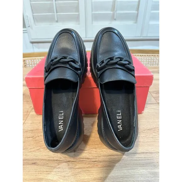 Vaneli Womens Zefiro Black Leather Loafers Size 7.5 Narrow NIB Link Chain Accent