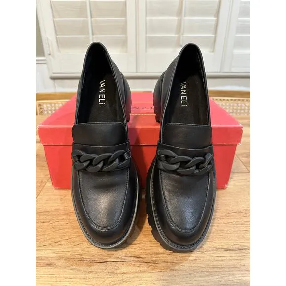 Vaneli Womens Zefiro Black Leather Loafers Size 7.5 Narrow NIB Link Chain Accent