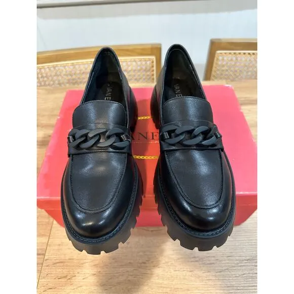 Vaneli Womens Zefiro Black Leather Loafers Size 7.5 Narrow NIB Link Chain Accent