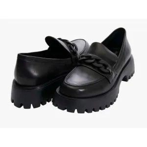 Vaneli Womens Zefiro Black Leather Loafers Size 7.5 Narrow NIB Link Chain Accent