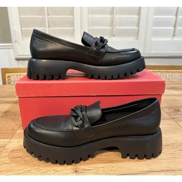 Vaneli Womens Zefiro Black Leather Loafers Size 7.5 Narrow NIB Link Chain Accent