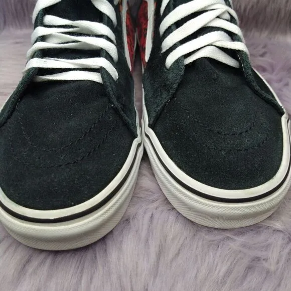 Vans Sk8-Hi Logo Flame Canvas Suede Sneakers Men Sz 10.5 Women Sz 12 Black Red