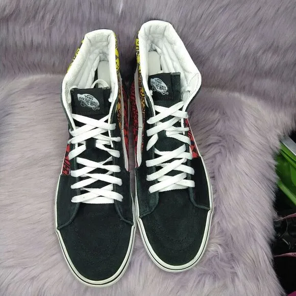 Vans Sk8-Hi Logo Flame Canvas Suede Sneakers Men Sz 10.5 Women Sz 12 Black Red