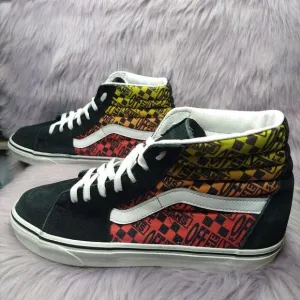 Vans Sk8-Hi Logo Flame Canvas Suede Sneakers Men Sz 10.5 Women Sz 12 Black Red