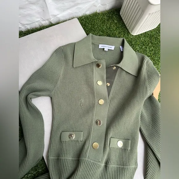 Veronica Beard Lauper Sweater Dress Stone Army size S Gold Buttons
