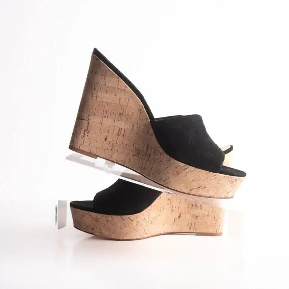 Veronica Beard Womens Dali Suede &amp; Cork Wedge Platform Sandals Black Sz 8.5