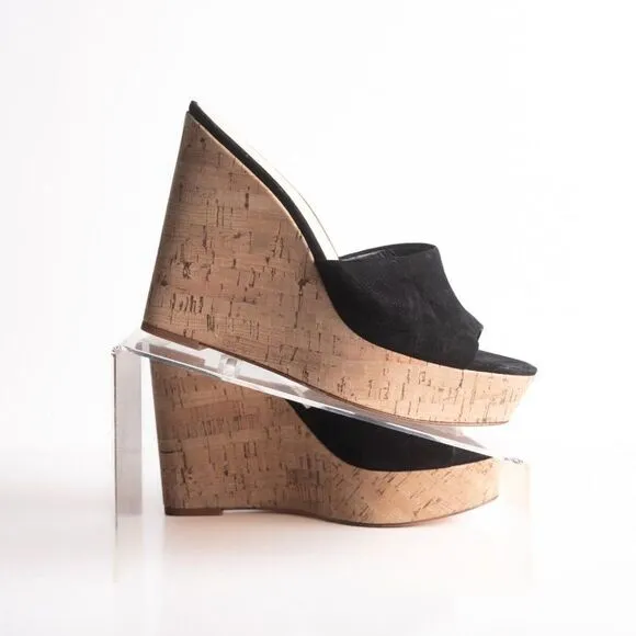Veronica Beard Womens Dali Suede &amp; Cork Wedge Platform Sandals Black Sz 8.5