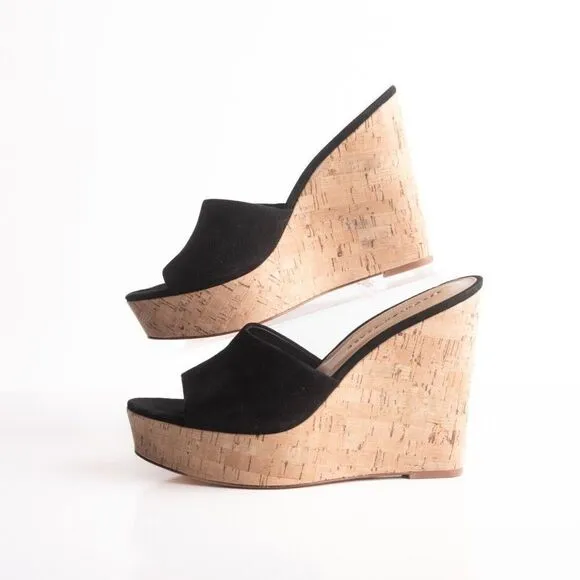 Veronica Beard Womens Dali Suede &amp; Cork Wedge Platform Sandals Black Sz 8.5