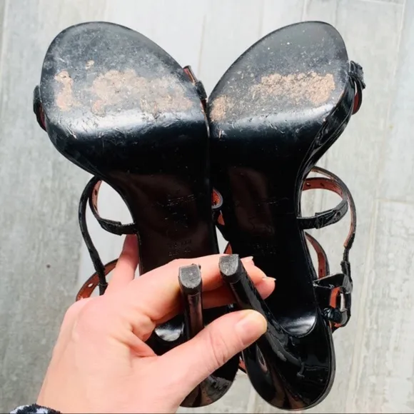Via Spiga Eyelet Satin Patent Leather Kink Butteries Straps High Heels Sandals