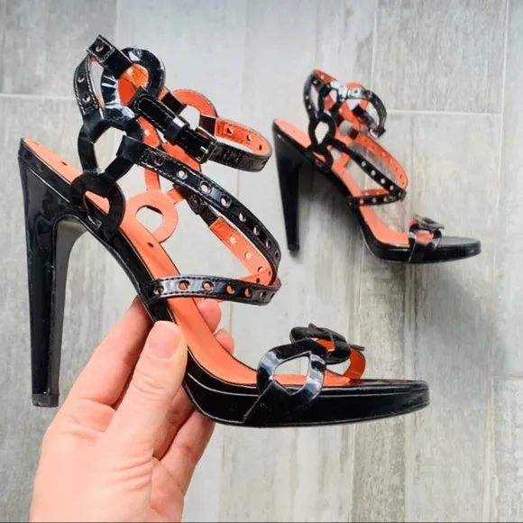 Via Spiga Eyelet Satin Patent Leather Kink Butteries Straps High Heels Sandals