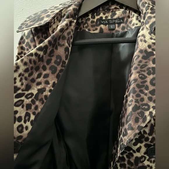 Via Spiga Italia Leopard Peplum Tie Waist Lightweight Raincoat Removable Hood