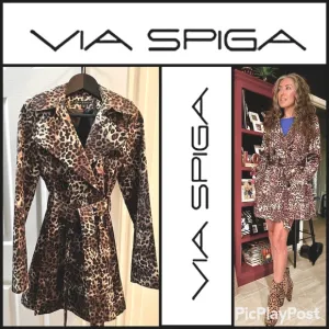 Via Spiga Italia Leopard Peplum Tie Waist Lightweight Raincoat Removable Hood