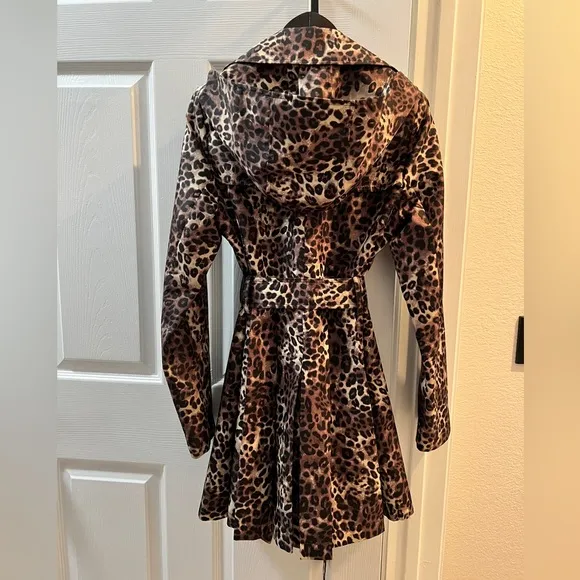 Via Spiga Italia Leopard Peplum Tie Waist Lightweight Raincoat Removable Hood