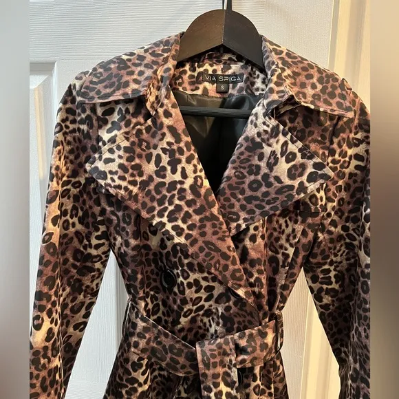 Via Spiga Italia Leopard Peplum Tie Waist Lightweight Raincoat Removable Hood