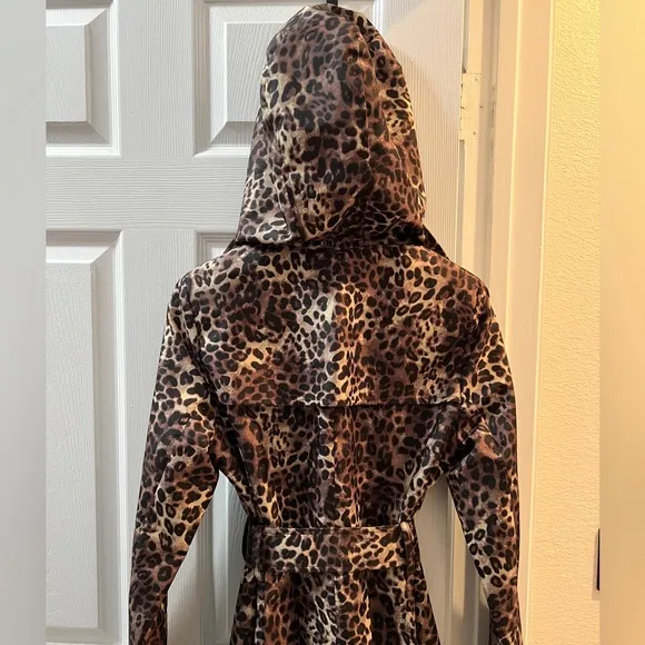 Via Spiga Italia Leopard Peplum Tie Waist Lightweight Raincoat Removable Hood