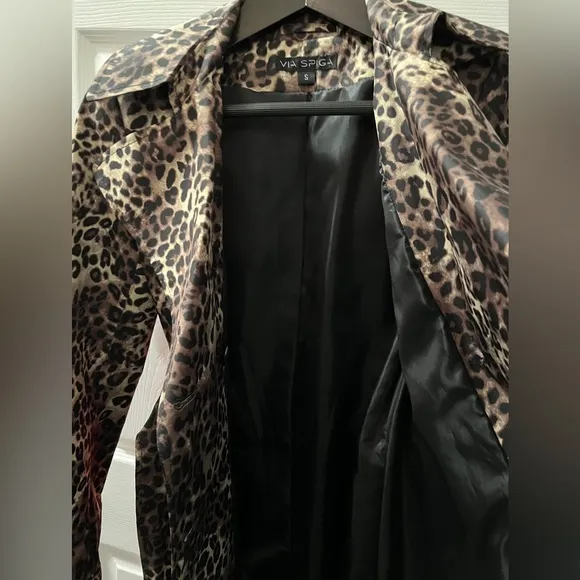 Via Spiga Italia Leopard Peplum Tie Waist Lightweight Raincoat Removable Hood