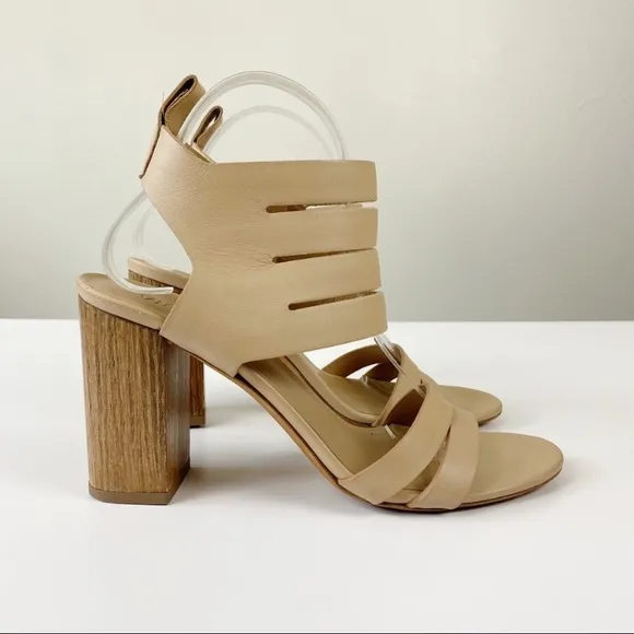 Vince Freida Multi Strap Leather Wood Block Heel Sandals Tan Size 9